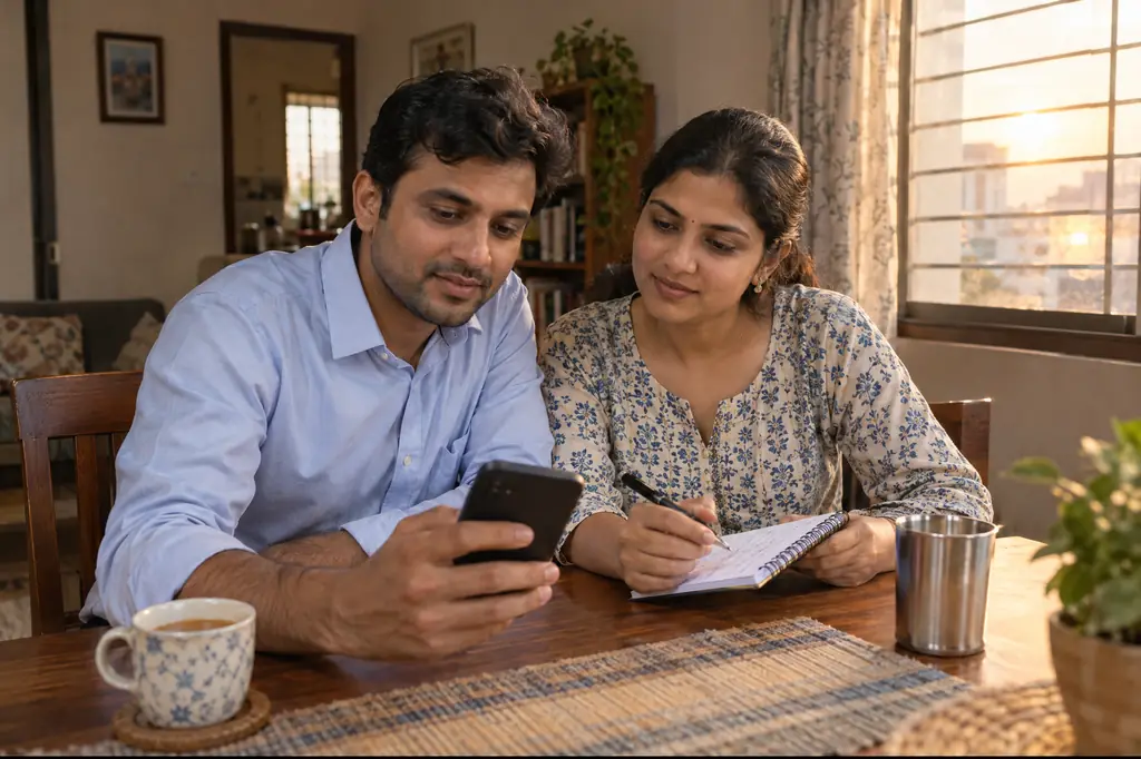 A young couple plans their household budget at the dining table